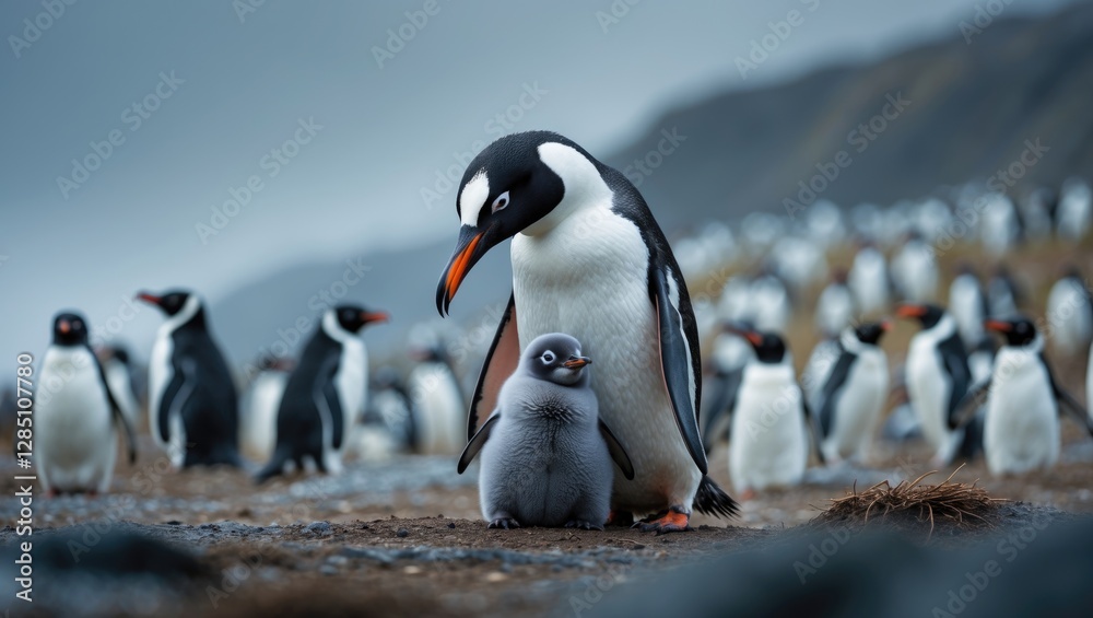 Fototapeta premium Gentoo Penguin with its chick among a colony at Volunteer Point in the Falkland Islands.