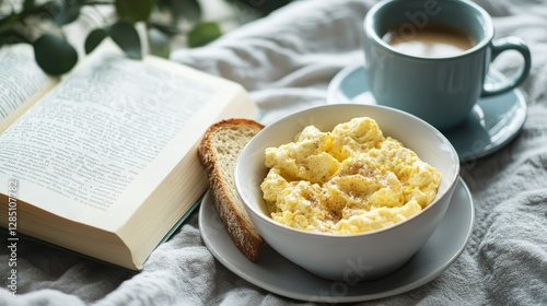 Delicious breakfast bowl with scrambled eggs cozy kitchen food photography morning light homey atmosphere comforting start