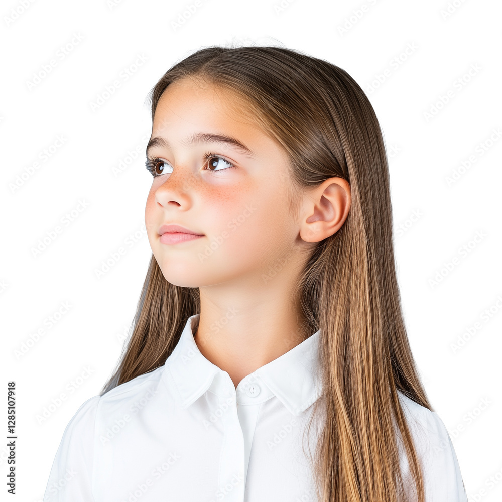Young girl with long brown hair looking up with hopeful expression on transparent background Young girl with long brown hair looking up with hopeful expression on transparent background