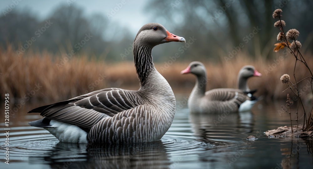 Greylag geese (Anser anser) swimming at Bedfont Lakes Country Park - London, UK Greylag geese (Anser anser) swimming at Bedfont Lakes Country Park - London, UK