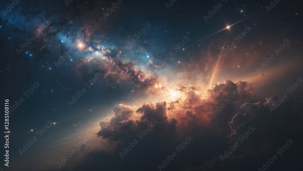 Fototapeta premium celestial nebula at night, cosmic bursts, and planetary silhouette