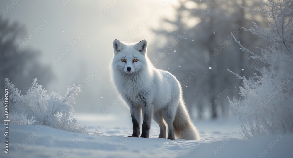 Obraz premium Arctic fox in the winter season (Vulpes lagopus), often referred to as the snow, polar, or white fox, is a small species found in the Arctic regions of the Northern Hemisphere, prevalent across the...