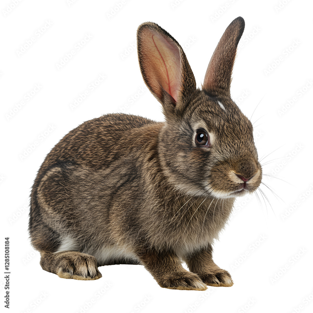 Obraz premium Cute fluffy brown domestic rabbit with soft fur and alert ears on a pure white background, concept for pet care advertising, nature education and spring holiday designs