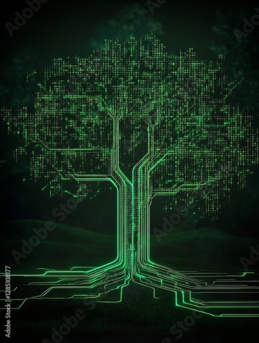 Futuristic tree design integrating digital elements and glowing lines representing technology and nature : Generative AI photo