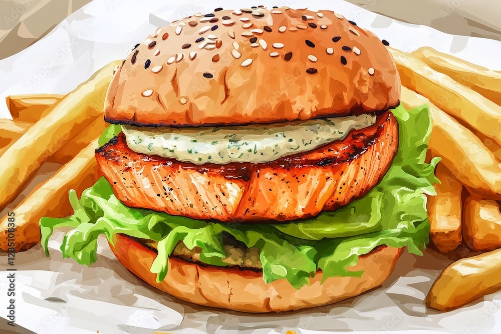 Delicious salmon burger with fries gourmet restaurant food photography casual dining close-up culinary delight