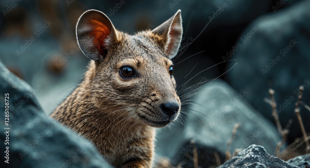 Naklejka premium Portrait of a Bush Hyrax (Heterohyrax brucei) set against a rocky backdrop