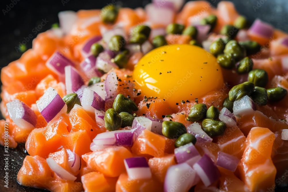 Delicious salmon tartare with egg yolk gourmet kitchen food photography culinary art close-up fresh ingredients