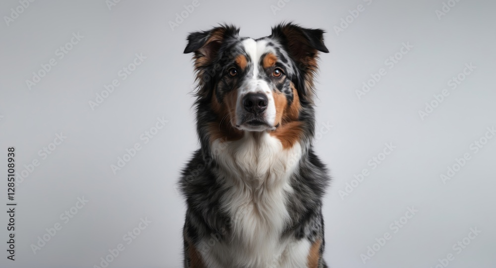 Fototapeta premium Complete portrait of an Australian Shepherd displayed against a white backdrop.