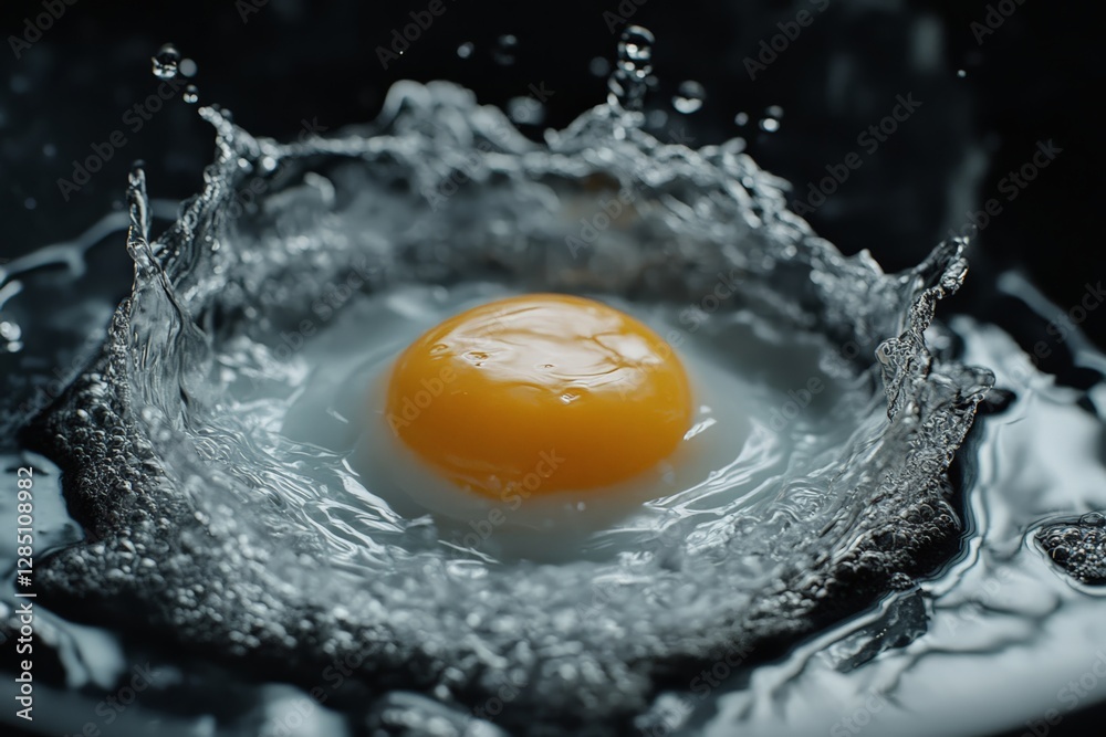 Dropping egg into water creates splashes kitchen photography indoor close-up culinary action
