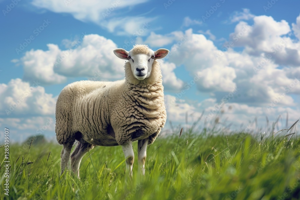 Premium Quality Picture of Sheep Standing in a Green Meadow on a Cloudy Day Premium Quality Picture of Sheep Standing in a Green Meadow on a Cloudy Day