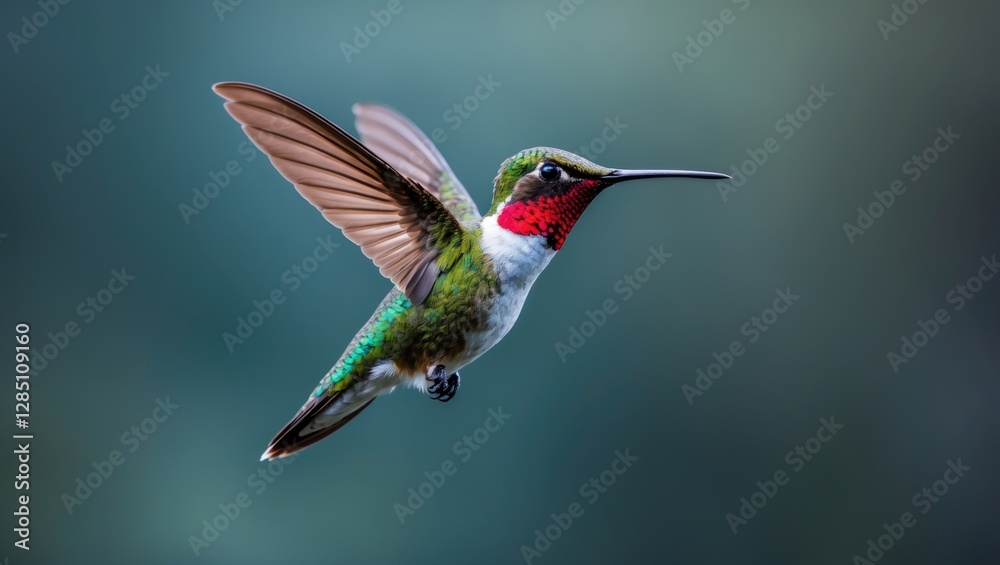 Fototapeta premium Hummingbird with a ruby throat soaring through the air