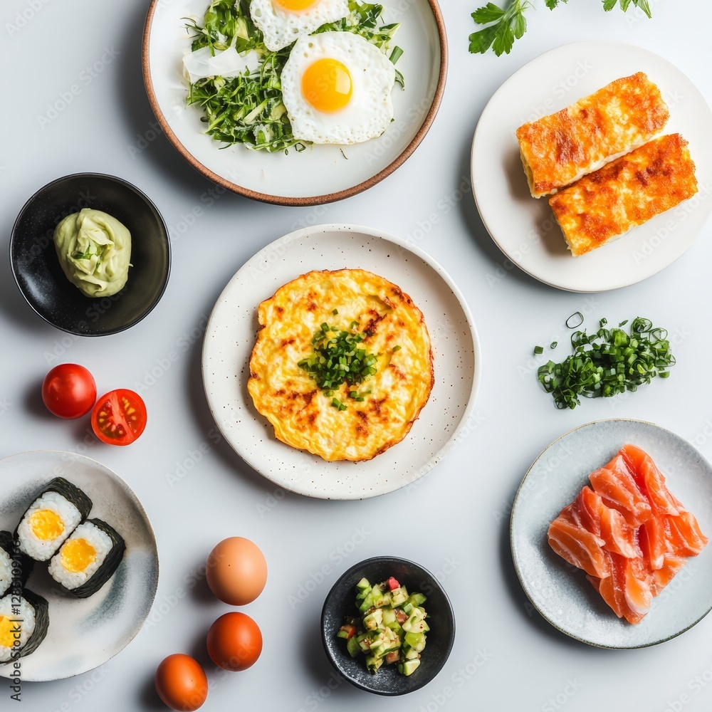 Delicious breakfast spread home kitchen food photography bright light overhead view healthy eating inspiration