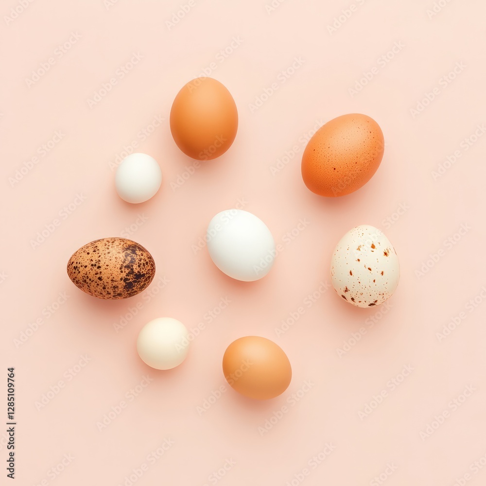 Egg varieties display kitchen table food photography minimalistic setting top-down view culinary exploration