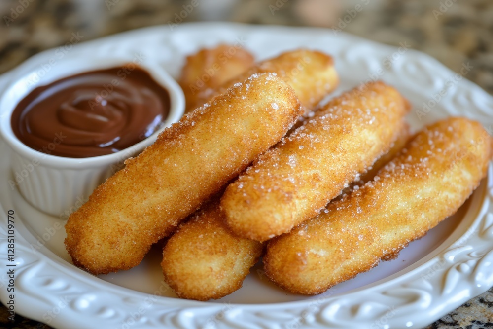 Fried dessert sticks with chocolate dip home kitchen food photography cozy setting close-up indulgent treats