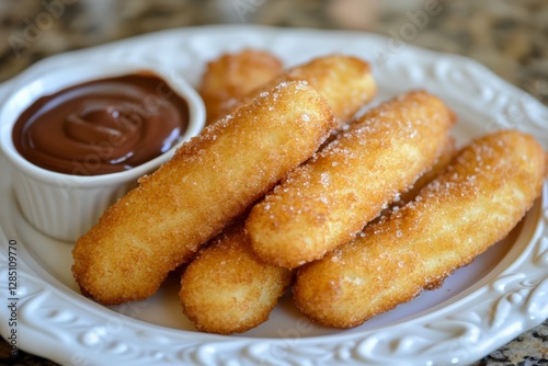 Fried dessert sticks with chocolate dip home kitchen food photography cozy setting close-up indulgent treats