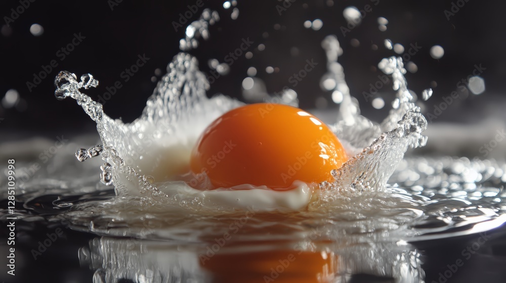 Splashing egg in water kitchen setting food photography dynamic environment close-up view culinary art