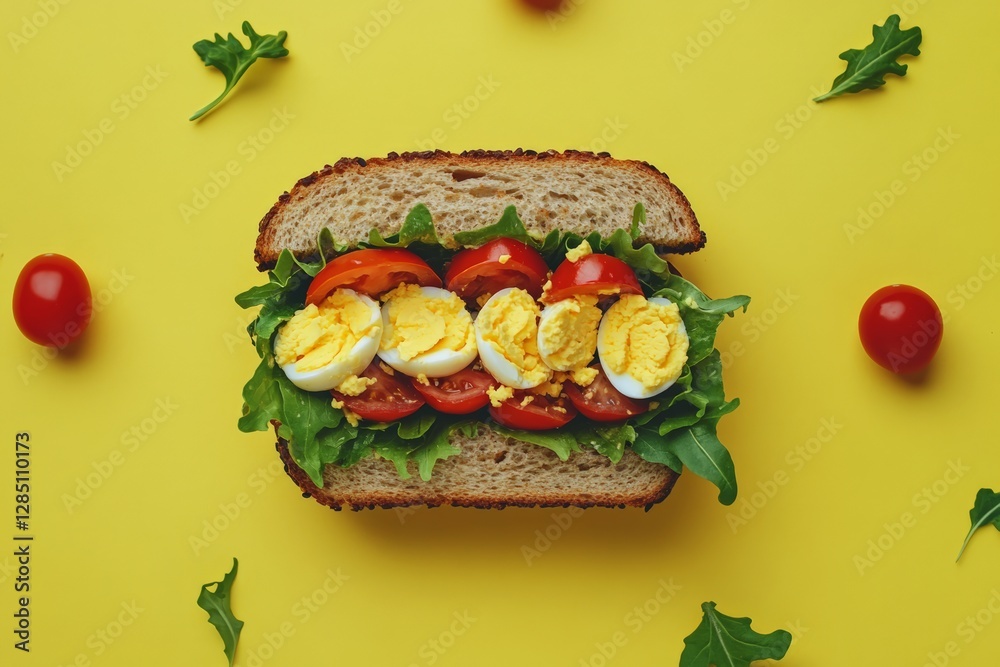 Fresh egg and tomato sandwich kitchen food photography vibrant yellow background top view healthy eating concept