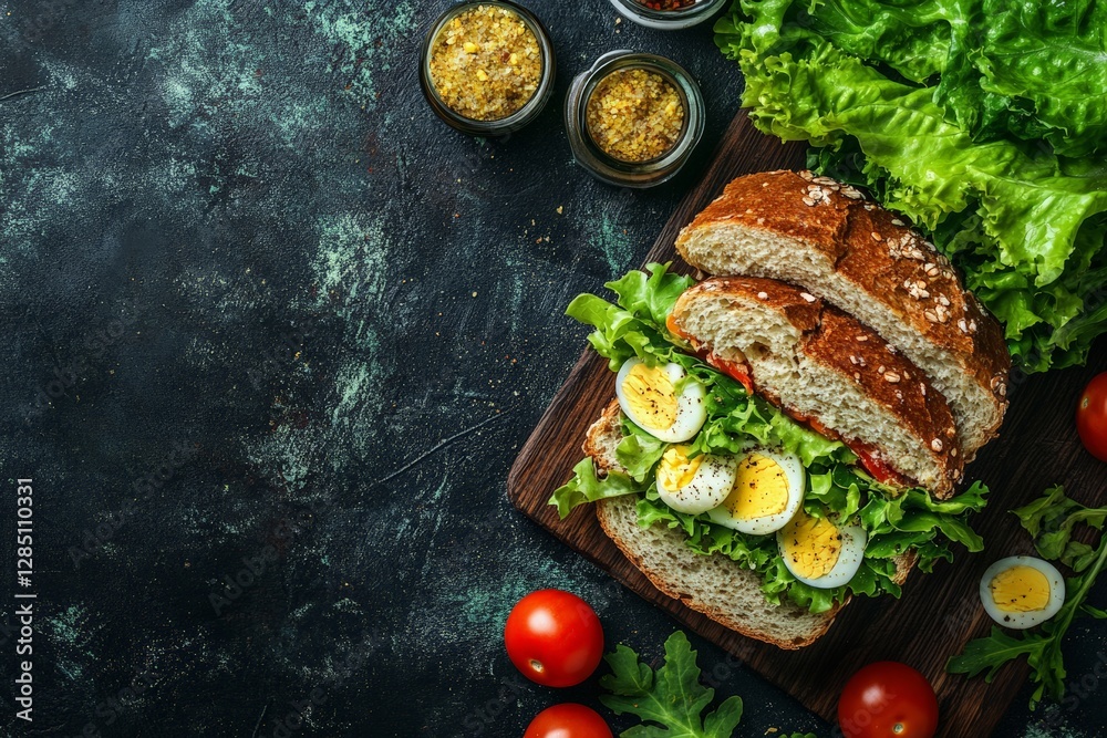 Delicious healthy egg salad sandwich preparation kitchen food photography rustic setting top view culinary art