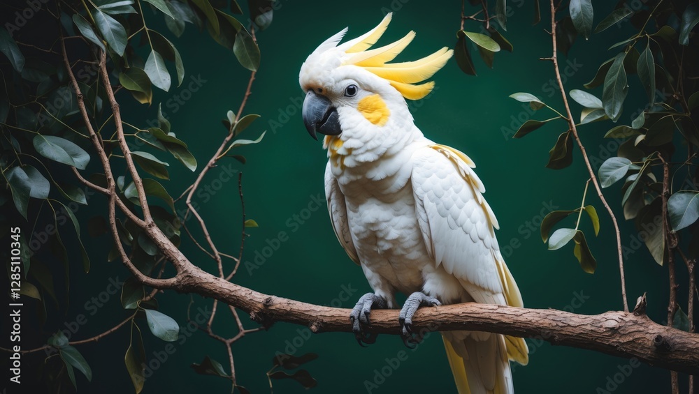 Big white cockatoo with a yellow crest perched on a branch against a green backdrop. Big white cockatoo with a yellow crest perched on a branch against a green backdrop.