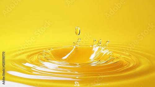 A vibrant yellow liquid splash captured in motion with a droplet creating ripples