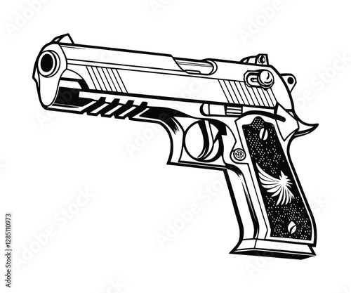 A detailed black and white illustration of a semi-automatic handgun, showcasing intricate line work and shading. Ideal for graphic design, educational materials, or firearm-related content.