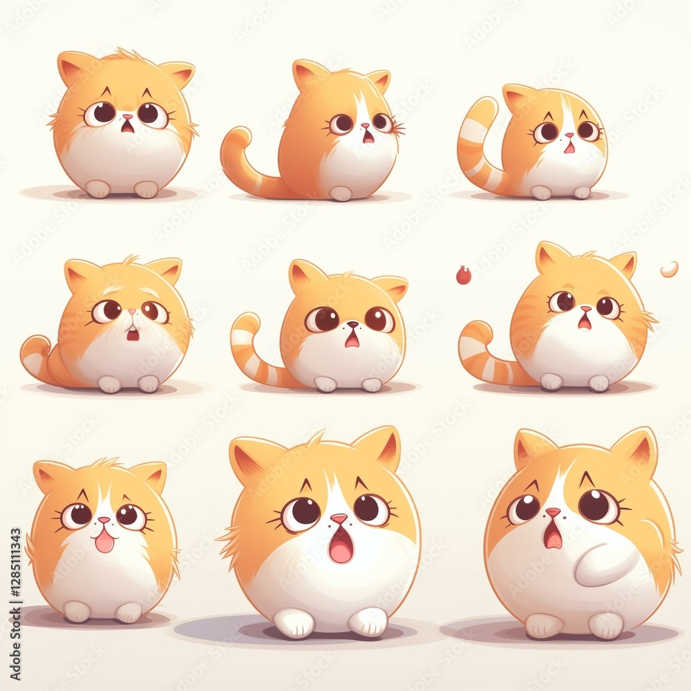 Cute cartoon cat expressions showing various emotions and reactions in a playful and adorable style Cute cartoon cat expressions showing various emotions and reactions in a playful and adorable style