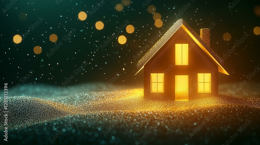 Fototapeta premium A cozy house glowing warmly in a snowy night with twinkling lights