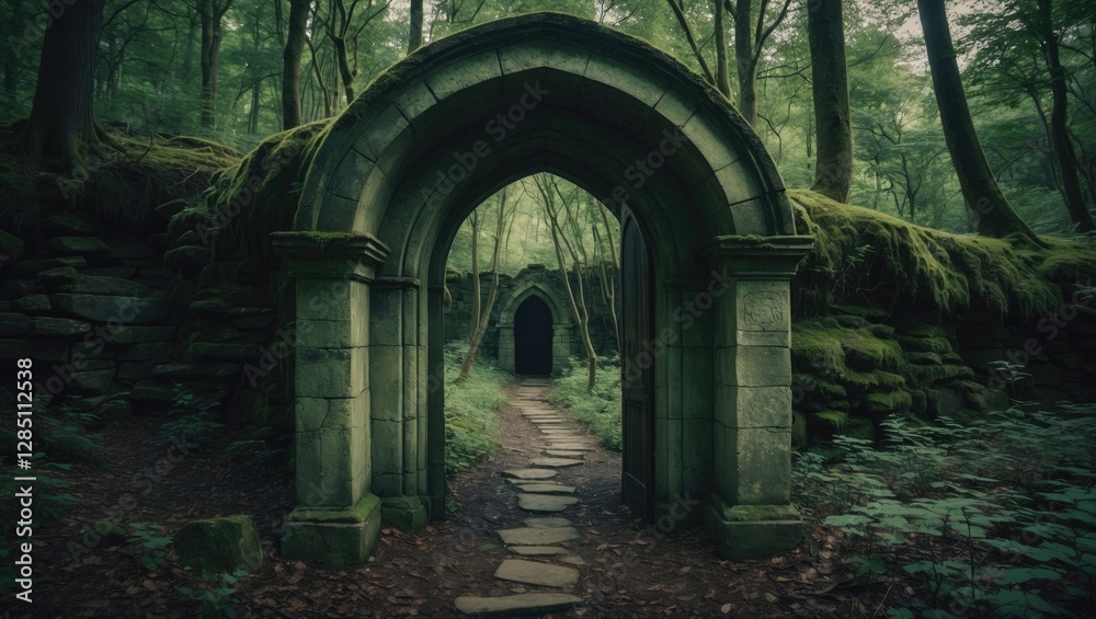 Fototapeta premium mystical gateway within an enchanting green forest featuring a moss-covered stone archway. A portal to another world. Journeying wizards' imagery.