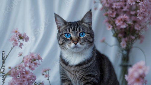 Feline portrait. Creative design. Vibrant image of a blue-eyed cat set against a light background, presented in vector digital format.