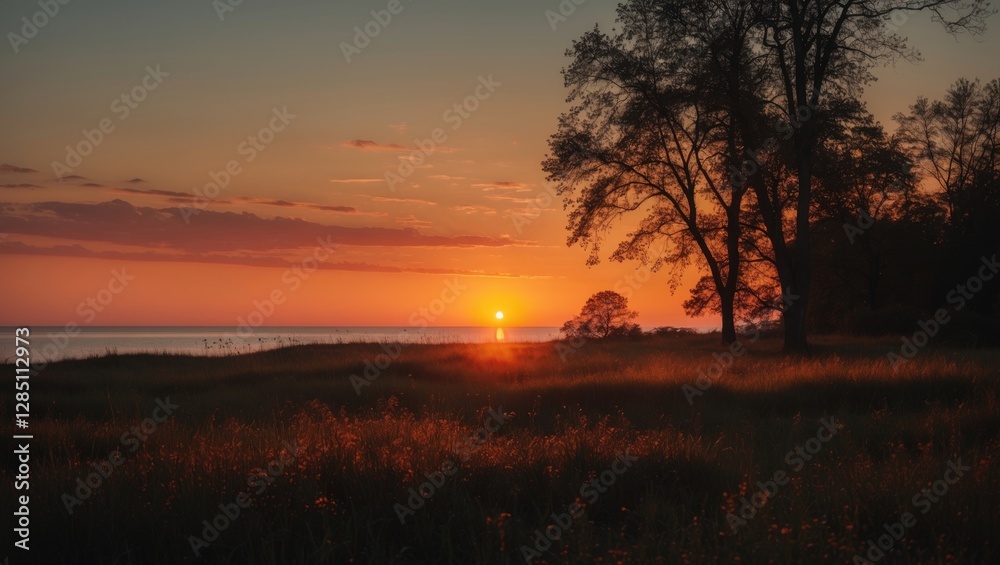 Fototapeta premium Golden hour glow on the grass and trees in dark silhouette. Warm orange light, coastal sunset scenery. Baltic Sea landscape during a summer evening.