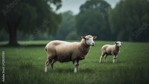 A sheep standing in a lush green meadow surrounded by trees. Farm animals, livestock, natural landscape.