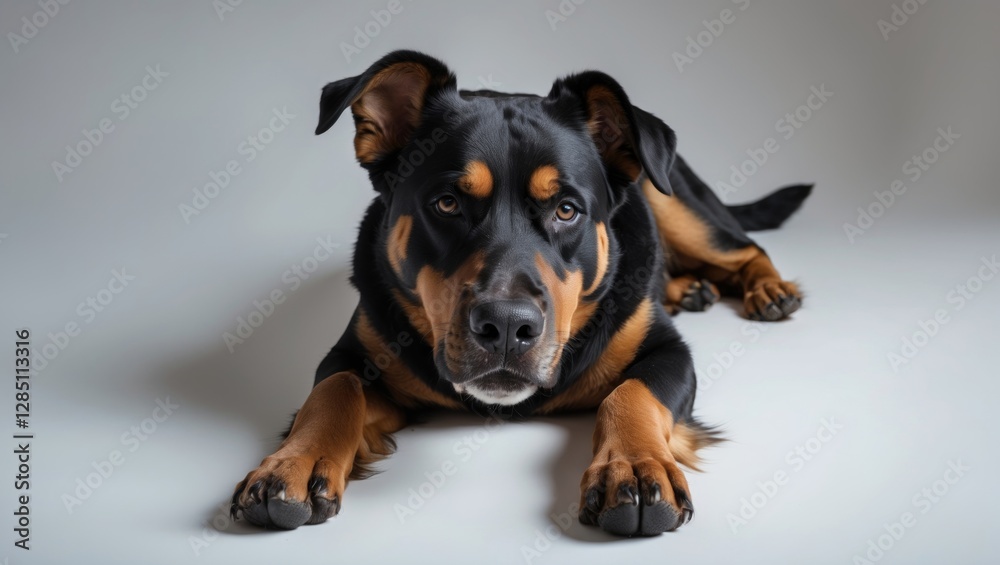 Fototapeta premium Beautiful adult Bernese Mountain dog lying down, facing forward at the edge and gazing at the camera. Set against a plain white backdrop.
