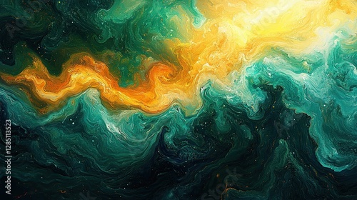 An abstract painting depicting swirling vibrant colors of greens and golds
