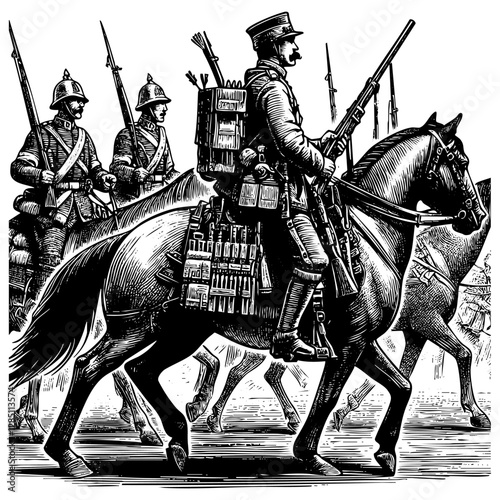 Cavalry sketch engraving black and white outline. Scratch board imitation.  illustrated in vintage line art style on a white background.