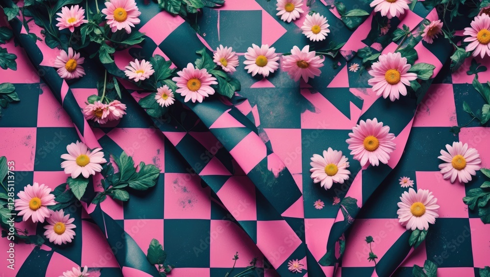 Background featuring a twisted chessboard with pink squares and daisy flowers. Psychedelic grid design reminiscent of 60s and 70s retro aesthetics. Vector format image. Background featuring a twisted chessboard with pink squares and daisy flowers. Psychedelic grid design reminiscent of 60s and 70s retro aesthetics. Vector format image.