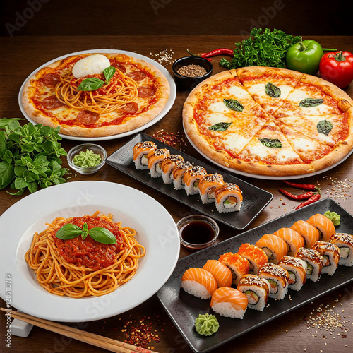 A delicious variety of Italian pasta and pizza alongside Japanese sushi beautifully arranged on a wooden table with fresh garnishes and spices. tasty delicious food in plate.