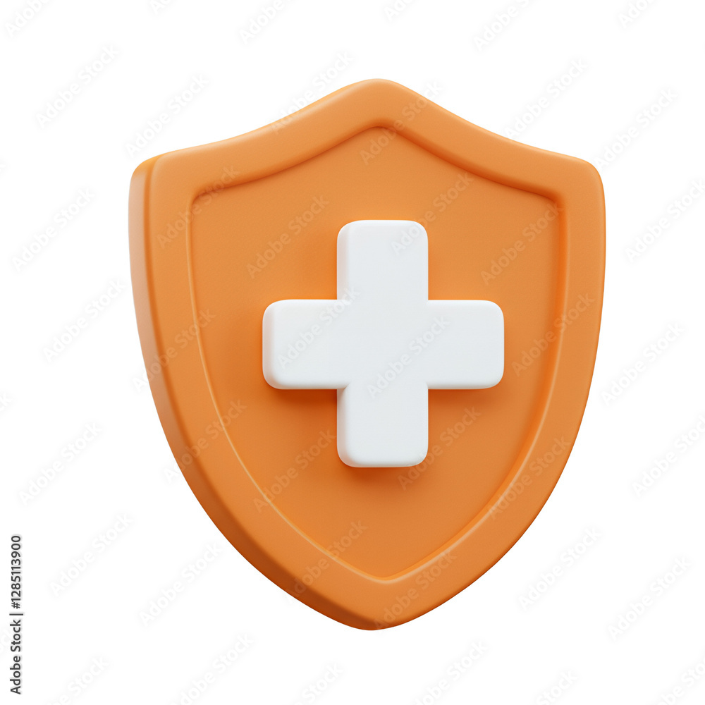 Fototapeta premium Orange Shield Icon with White Plus Sign 3D Render Isolated Transparent Background