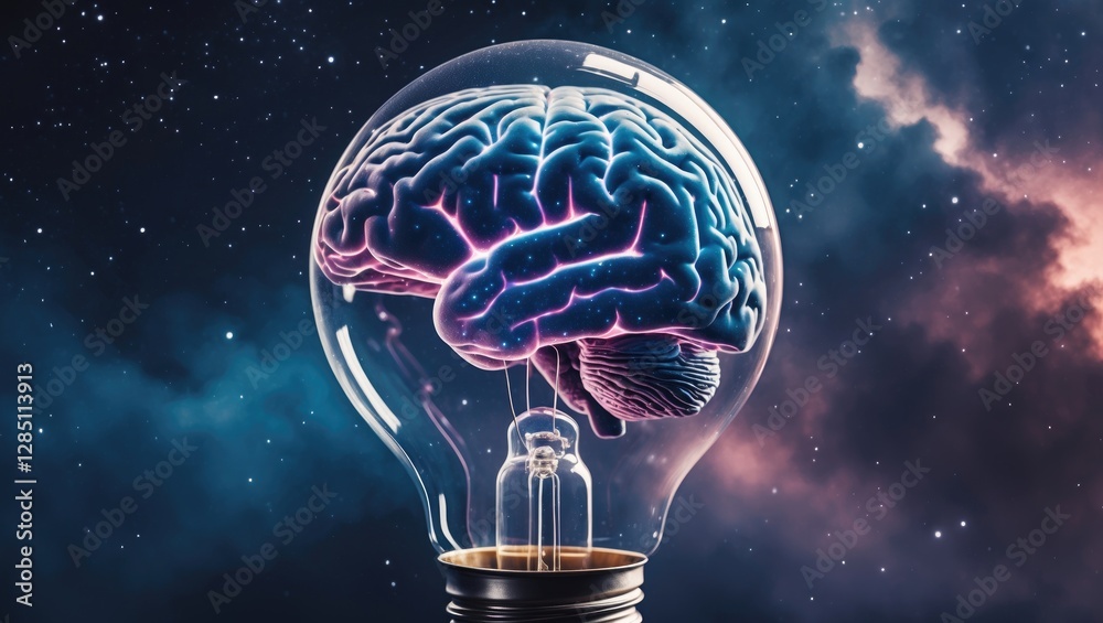 Image of a light bulb containing a brain-shaped cosmic nebula - a conceptual representation of creativity, thought, and inspiration. Image of a light bulb containing a brain-shaped cosmic nebula - a conceptual representation of creativity, thought, and inspiration.