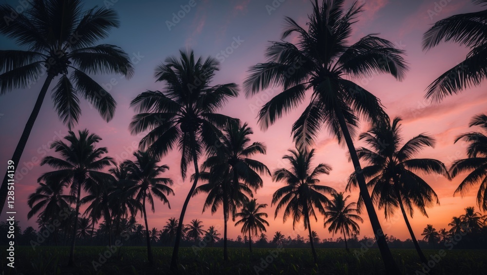 Silhouetted sugar palm trees against a twilight sky at dawn, Sam Khok, Pathum Thani, Thailand. Farming sector. Stunning natural scenery. Silhouetted sugar palm trees against a twilight sky at dawn, Sam Khok, Pathum Thani, Thailand. Farming sector. Stunning natural scenery.