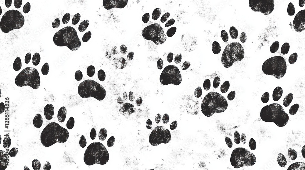 Black paw prints on white grunge background; pet design Black paw prints on white grunge background; pet design