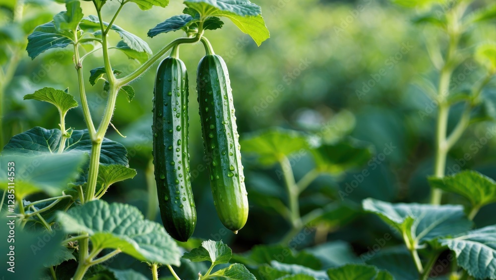 Obraz premium Fresh cucumbers developing in a field ready for harvest.
