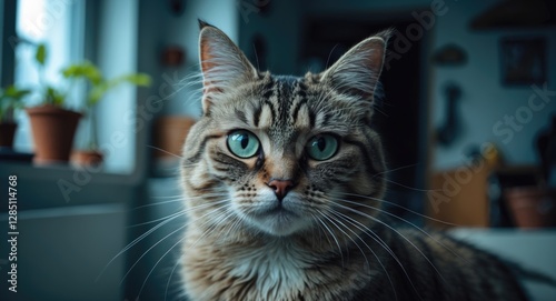 Amusing domestic cat as a loyal companion indoors. Detailed close-up shot.