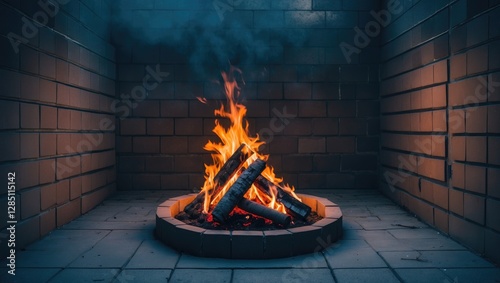fire pit surrounded by cinderblock walls