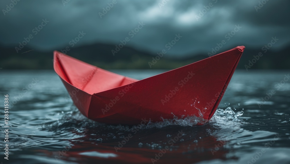 Fototapeta premium A crimson origami boat symbolizes wealth management and financial security, illustrating risks like market volatility, investment challenges, and economic turmoil in a photographic style.