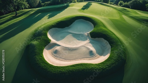 Bird's-eye view of a golf course featuring a sand trap and lush green landscape. photo