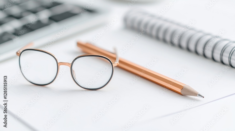 Office workspace glasses, pen, notebook. Background keyboard. Use business Office workspace glasses, pen, notebook. Background keyboard. Use business
