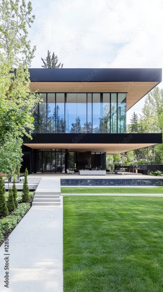 Fototapeta premium Modern Home Design with Large Glass Windows and Garden