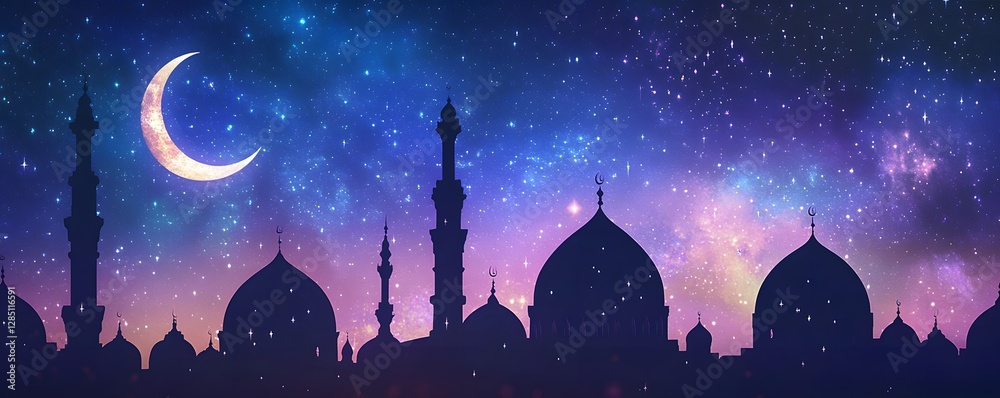 Fototapeta premium Silhouette of mosque buildings under a starry night with moon