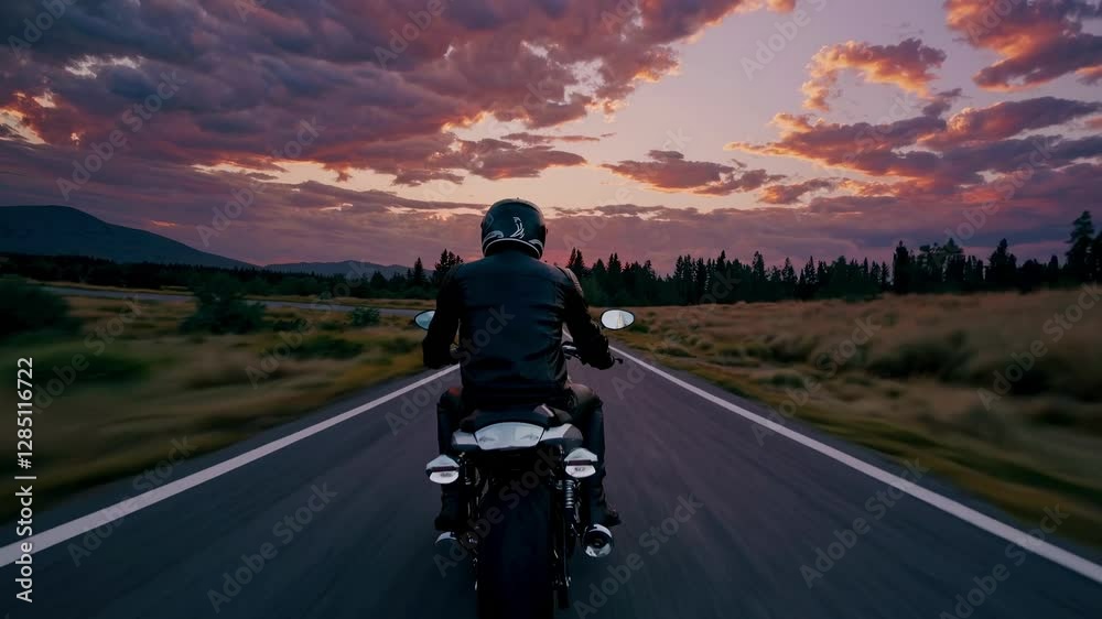 A dynamic video scene captures a motorcyclist from a low rear angle, riding on an open road under a dramatic, colorful sunset sky. A dynamic video scene captures a motorcyclist from a low rear angle, riding on an open road under a dramatic, colorful sunset sky.
