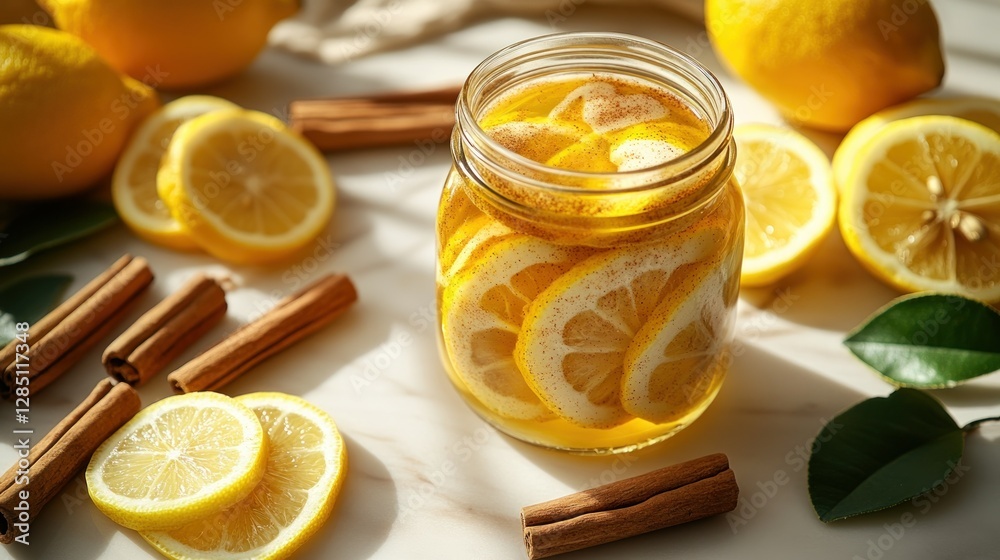 Lemon and cinnamon syrup in glass jar on marble countertop with fresh lemons Lemon and cinnamon syrup in glass jar on marble countertop with fresh lemons
